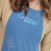 Astron – Beige & Denim Boat Neck Elbow Sleeves T-Shirt for Women